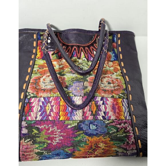 Altiplano Handmade Fair Trade Tote Purse Recycled Blouses and Purple Leather - Picture 7 of 13